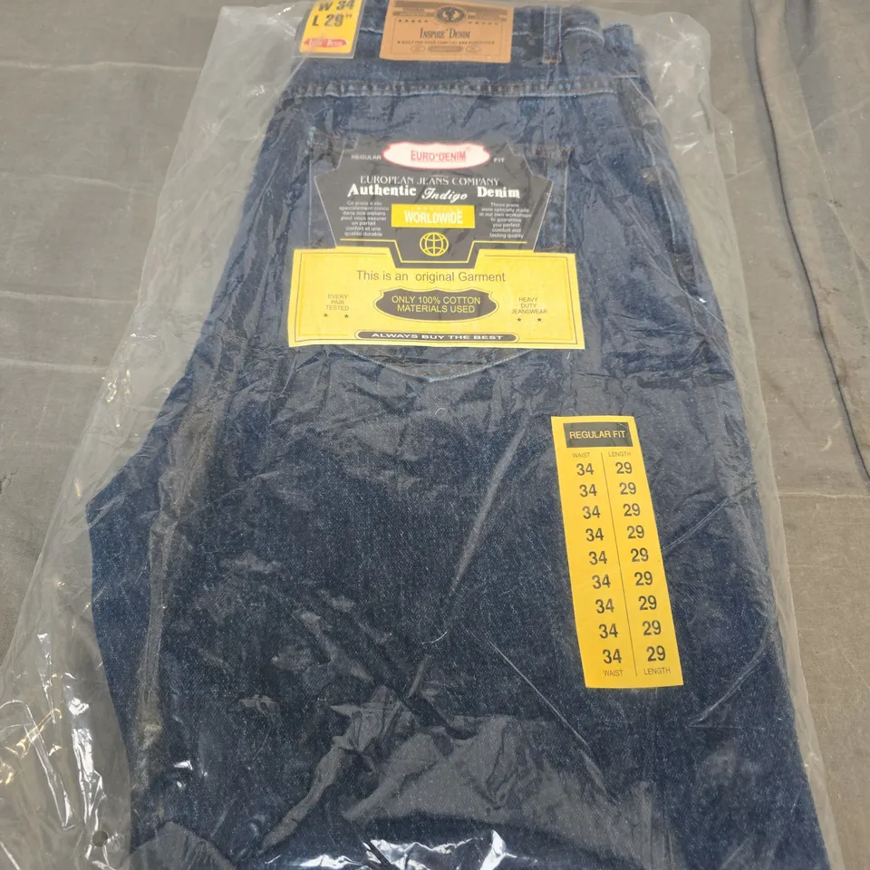 EURO-DENIM AUTHENTIC INDIGO JEANS – REGULAR FIT, W34 L29 (UK 34)