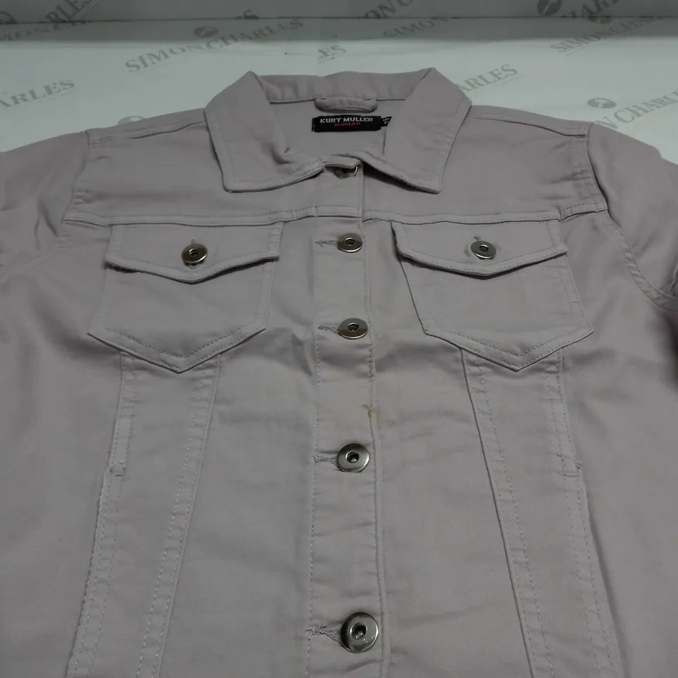 KURT MULLER WOMAN CROP FAUX DENIM JACKET IN PALE PINK - UK 14