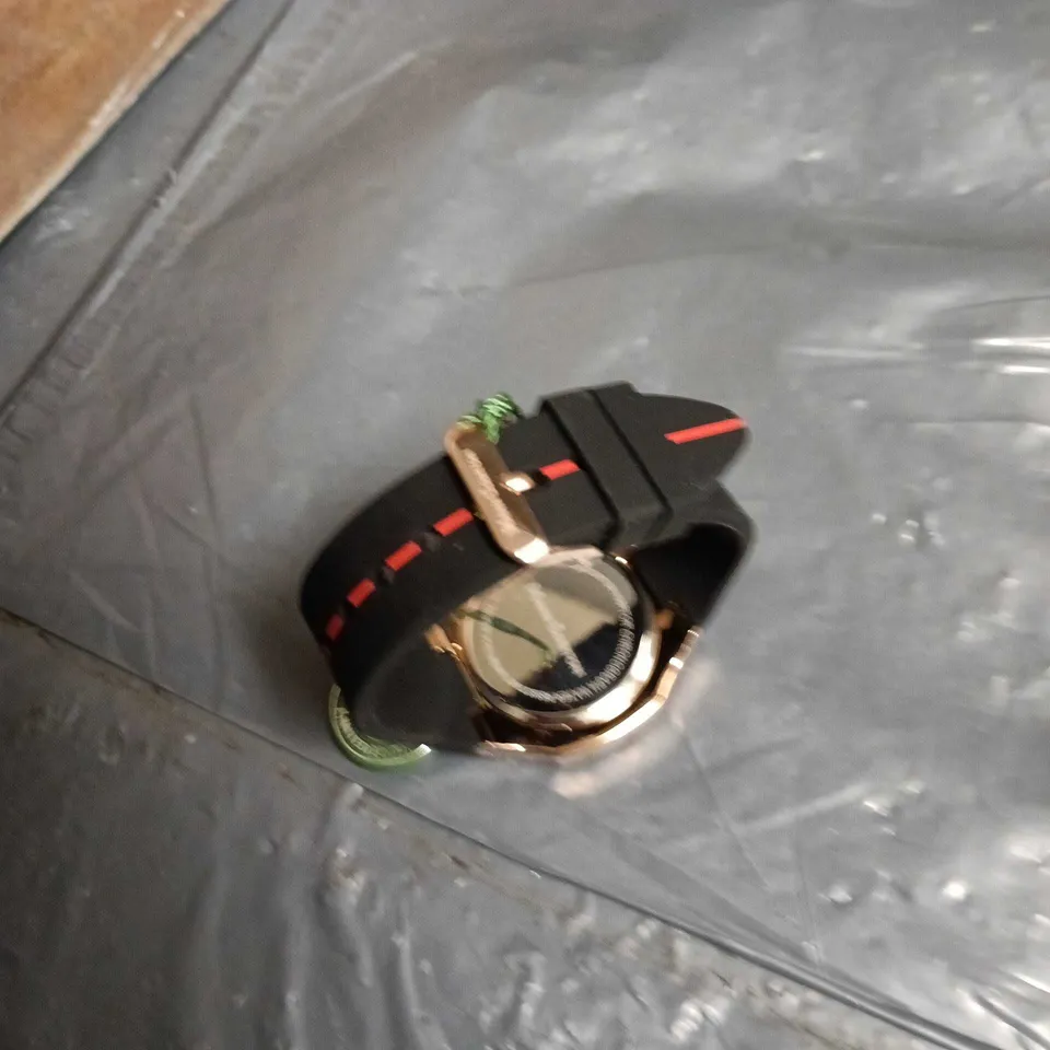 MANN EGERTON WRISTWATCH – SKELETON DIAL, BLACK BEZEL, BLACK STRAP WITH RED STRIPE 