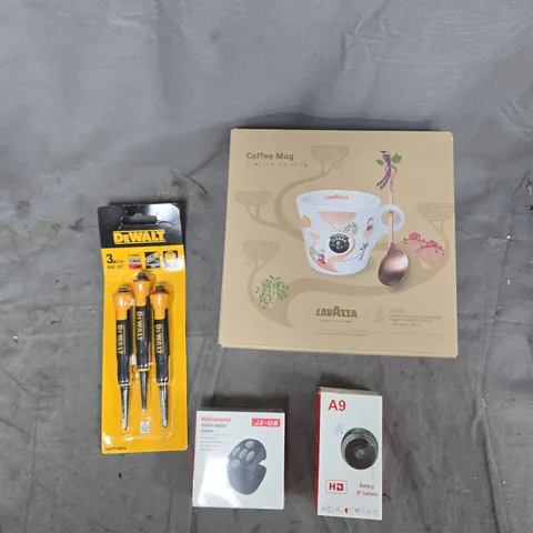 A TOTE OF ASSORTED ITEMS TO INCLUDE LAVAZZA LIMITED EDITION COFFEE MUG IN BOX + DEWALT SCREWDRIVER SET + JX-05 REMOTE BOX + A9 CAMERA ACCESSORY BOX + BABY KEEPSAKE FRAME – MIXED LOT
