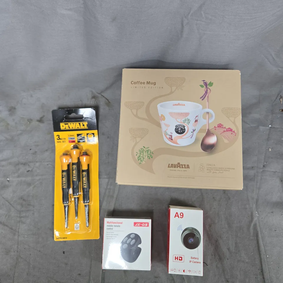 A TOTE OF ASSORTED ITEMS TO INCLUDE LAVAZZA LIMITED EDITION COFFEE MUG IN BOX + DEWALT SCREWDRIVER SET + JX-05 REMOTE BOX + A9 CAMERA ACCESSORY BOX + BABY KEEPSAKE FRAME – MIXED LOT
