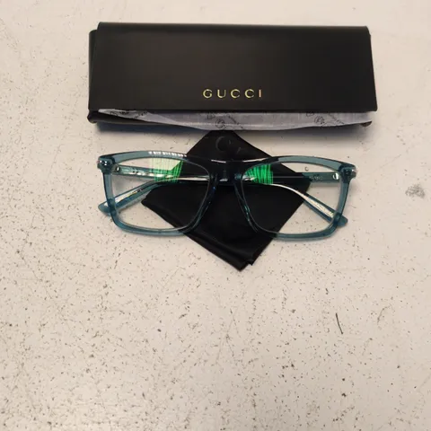 GUCCI EYEWEAR – RECTANGULAR GLASSES, TEAL FRAME, WITH CASE & CLOTH