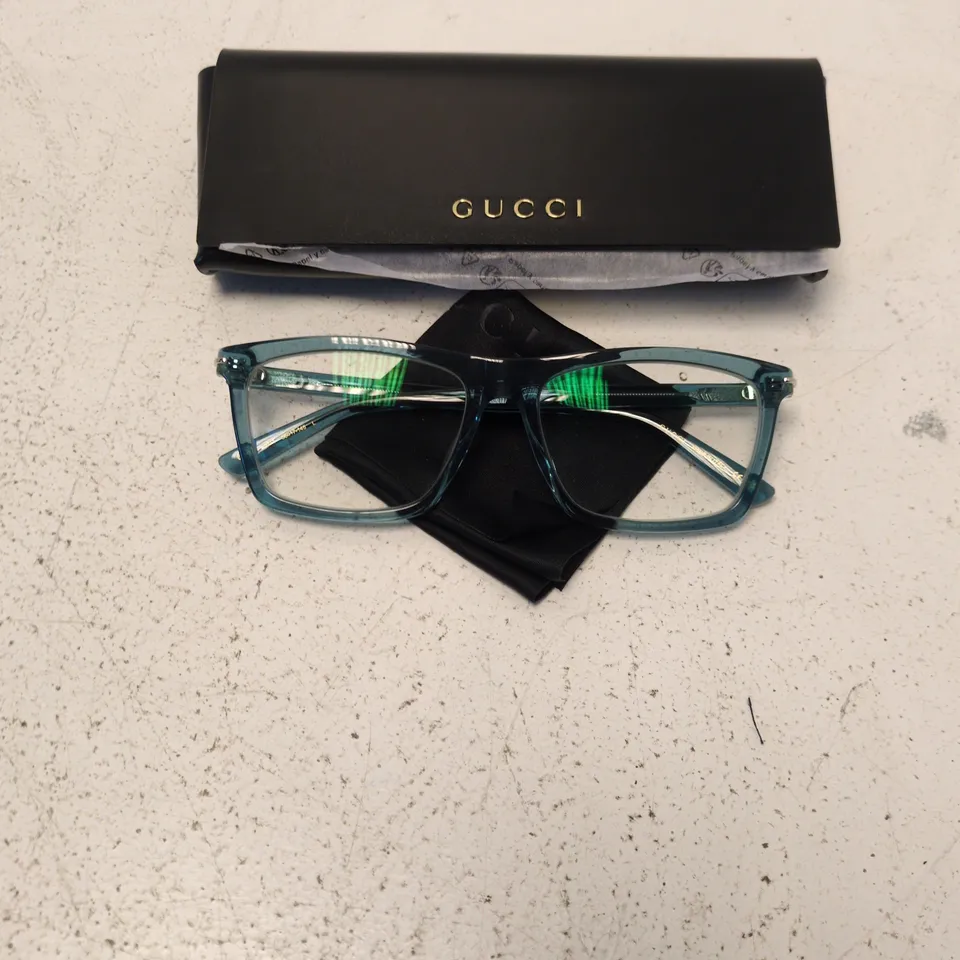 GUCCI EYEWEAR – RECTANGULAR GLASSES, TEAL FRAME, WITH CASE & CLOTH