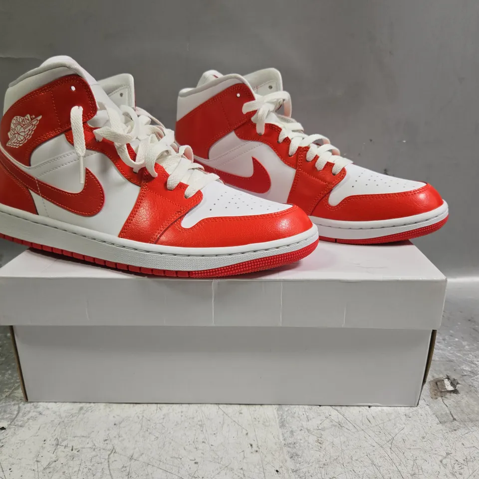 BOXED PAIR OF NIKE WOMEN'S AIR JORDAN 1 MID SHOES IN RED/WHITE SIZE UK 9.5