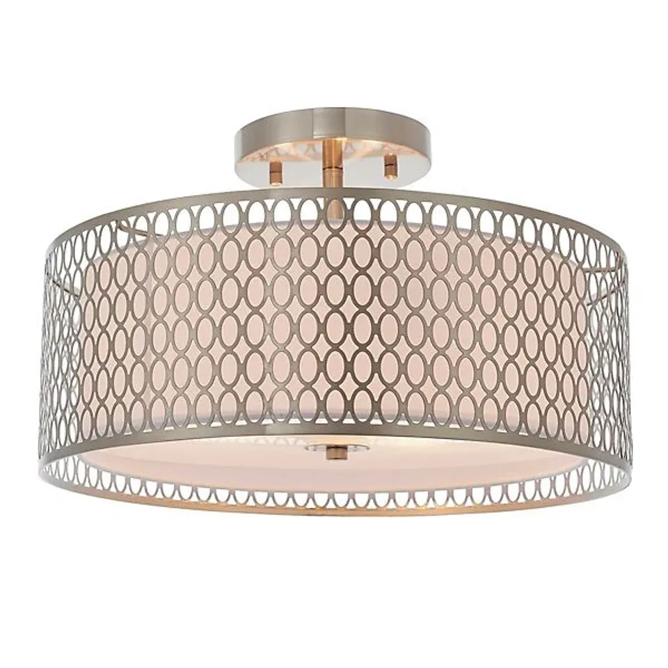 BOXED LUMINOSA CORDERO 3 LIGHT FLUSH LIGHT SATIN NICKEL PLATE & WHITE COTTON MIX, E27