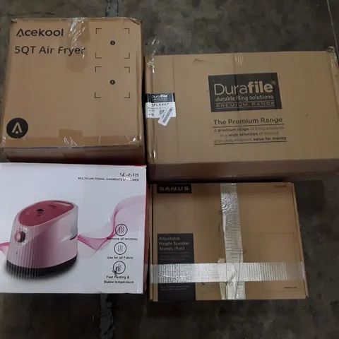 PALLET OF ASSORTED PRODUCTS INCLUDING AIR FRYER, MULTIFUNCTIONAL GARMENT STEAMER, ADJUSTABLE HEIGHT SPEAKER STAND, OFFICE CHAIR, DURAFILE LEVER ARCH FILES