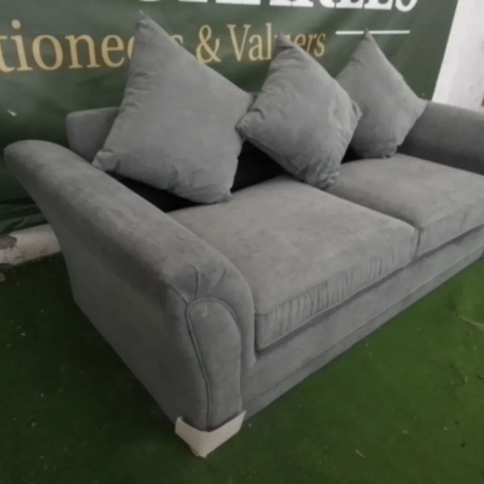 DESIGNER DURY GREY FABRIC THREE SEATER SOFA WITH SCATTER BACK CUSHIONS