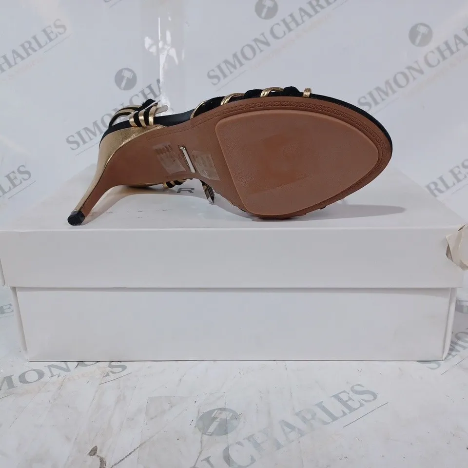 BOXED PAIR OF REISS CASSIDY STRAPPY HEELS IN BLACK/GOLD SIZE 5