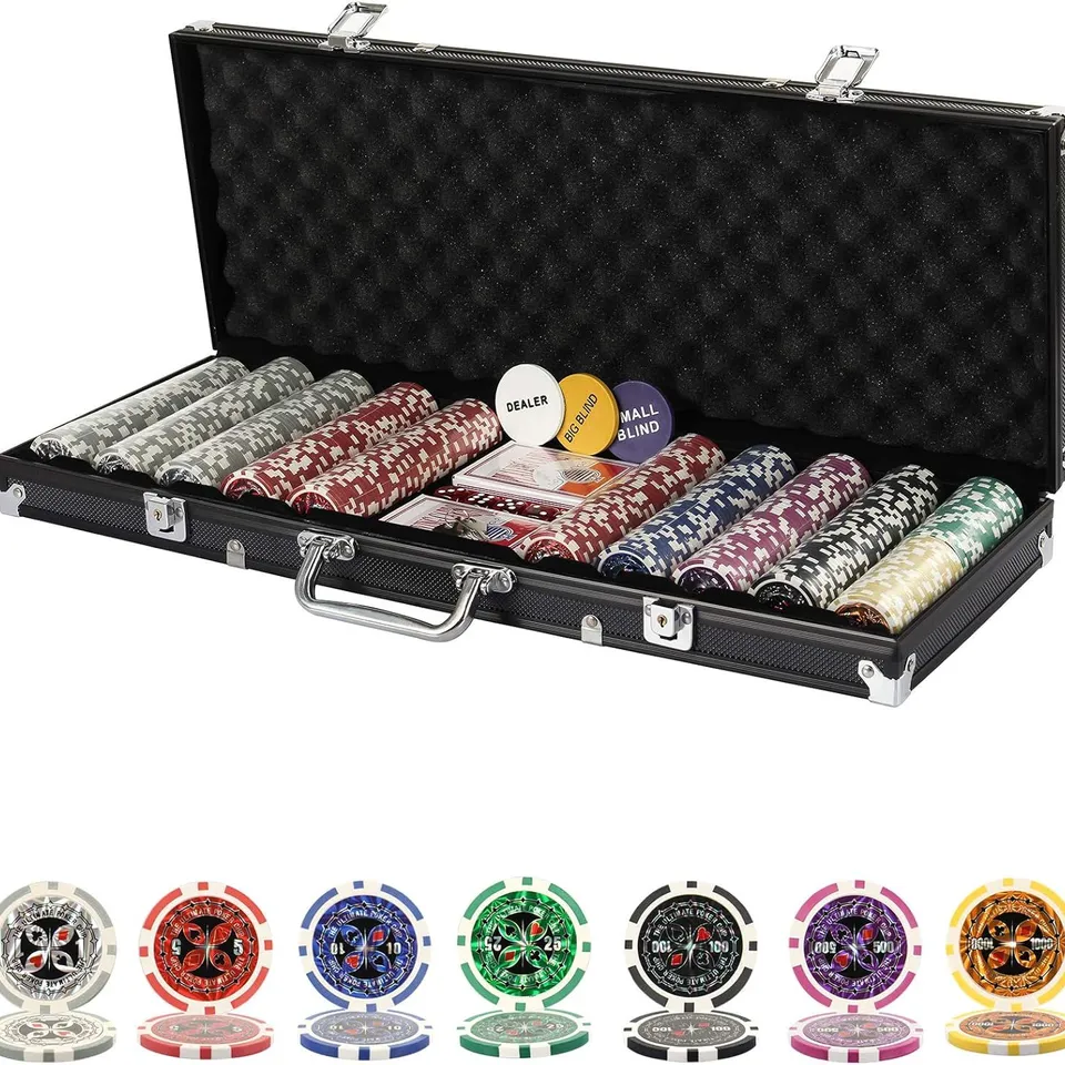 BOXED DISPLAY4TOP TEXAS HOLDEM POKER CHIPS SET WITH ALUMINUM CASE,2 DECKS OF CARDS, DEALER, SMALL BLIND, BIG BLIND BUTTONS AND 5 DICE