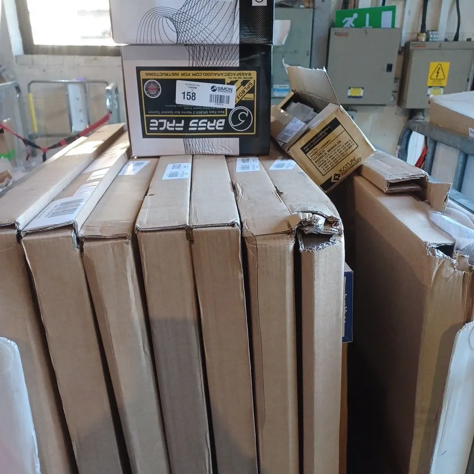 CAGE OF ASSORTED ITEMS TO INCLUDE - BASSFACE SPEAKERS -  8 SPEAR OVERLAYS 55"
