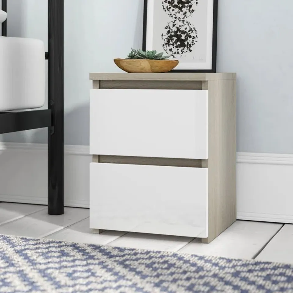 BOXED DELANCEY 2 DRAWER BEDSIDE TABLE SONOMA/WHITE