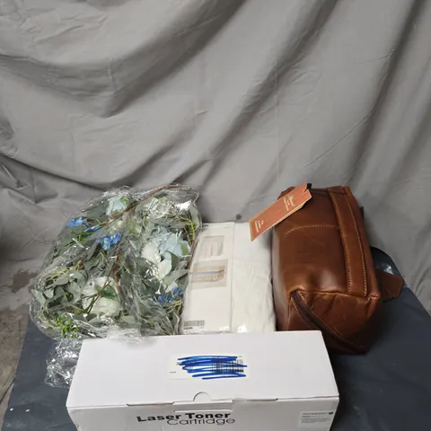 BOX OF APPROXIMATELY 20 ASSORTED ITEMS TO INCLUDE LEATHER BAG, TONER CARTRIDGE, FLORAL DECORATION, VALANCE ETC