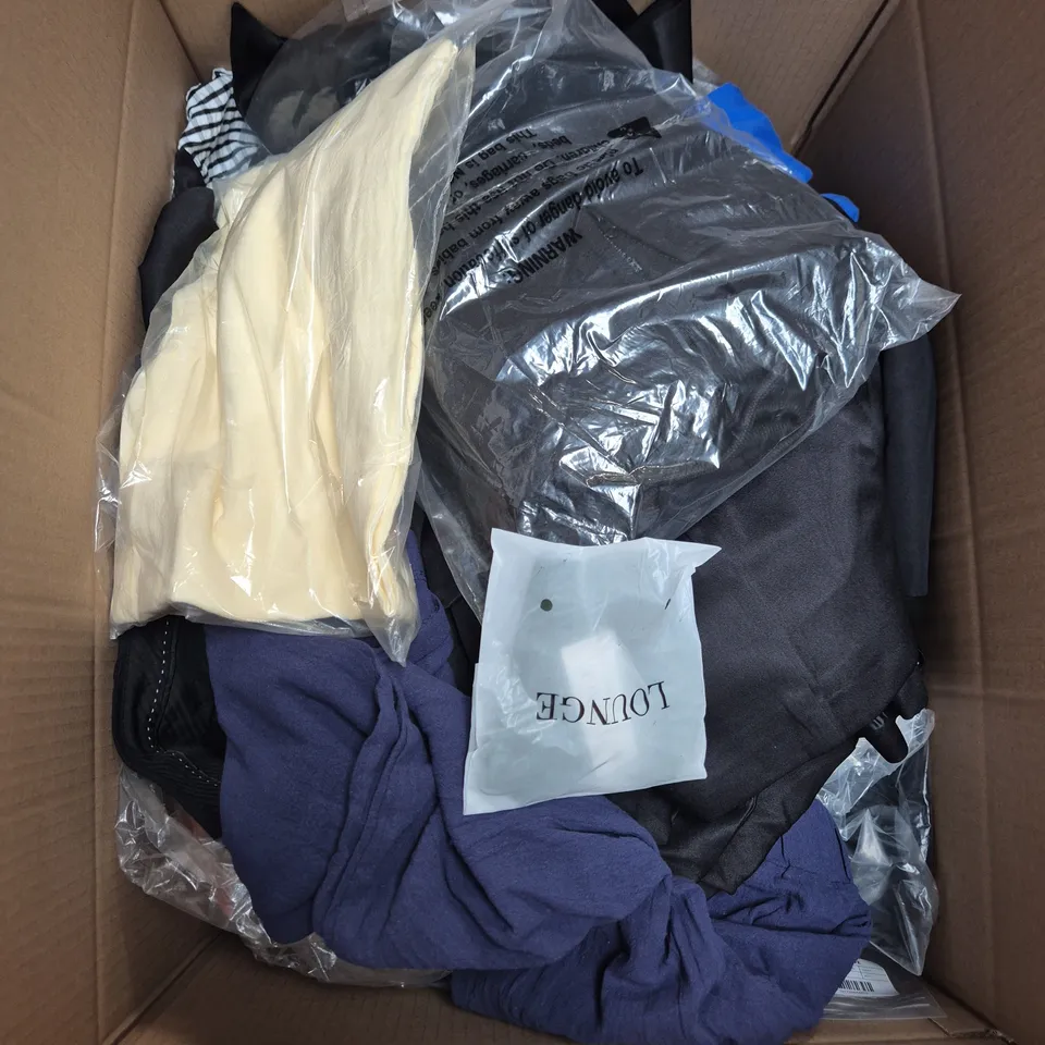 LARGE BOX OF APPROXIMATELY 25 ASSORTED CLOTHING ITEMS IN VARIOUS COLOURS, STYLES AND SIZES - COLLECTION ONLY
