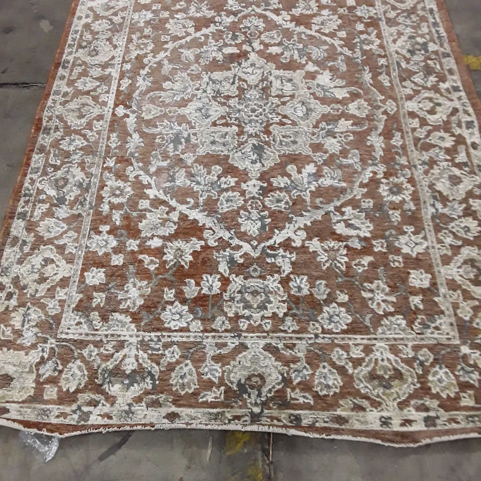 ORIENTAL-STYLE AREA RUG, BROWN WITH CREAM FLORAL PATTERN 230X160CM APPROXIMATELY