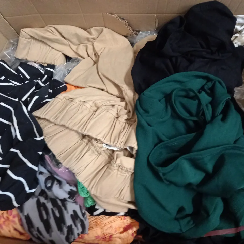  BOX OF ASSORTED CLOTHING ITEMS TOO INCLUDE DRESSES , SHIRTS AND TROUSERS IN VARIOUS SIZES AND COLOURS   