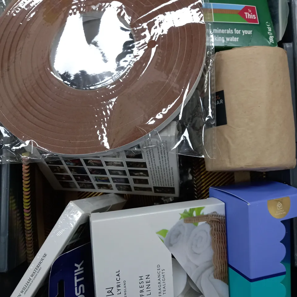 BOX OF APPROXIMATELY 10 ASSORTED ITEMS TO INCLUDE - CANDLES, SEALING TAPE, GLU DOTS ETC
