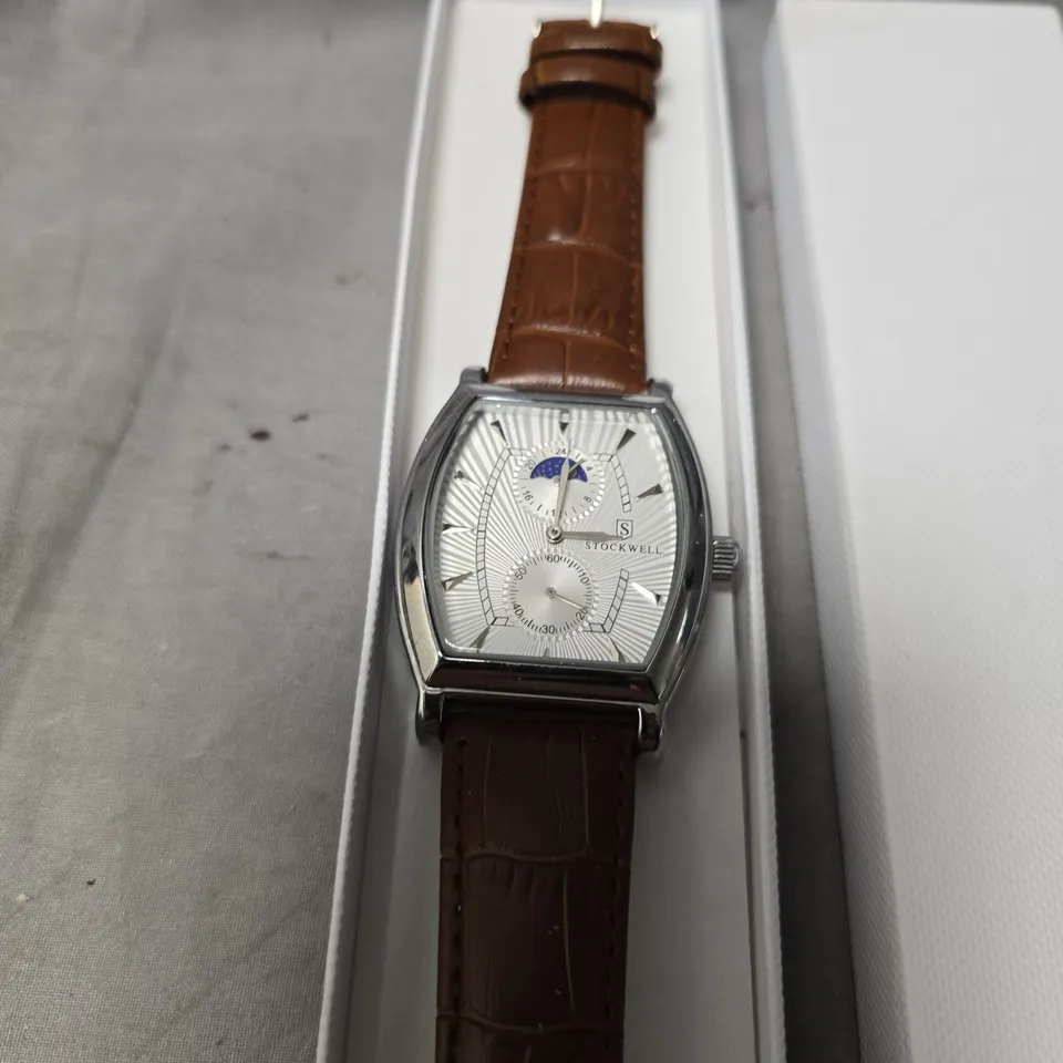 MENS STOCKWELL WATCH – SUB DIALS WITH MOON PHASE – BROWN LEATHER STRAP – 3ATM WATER RESISTANT – GIFT BOX
