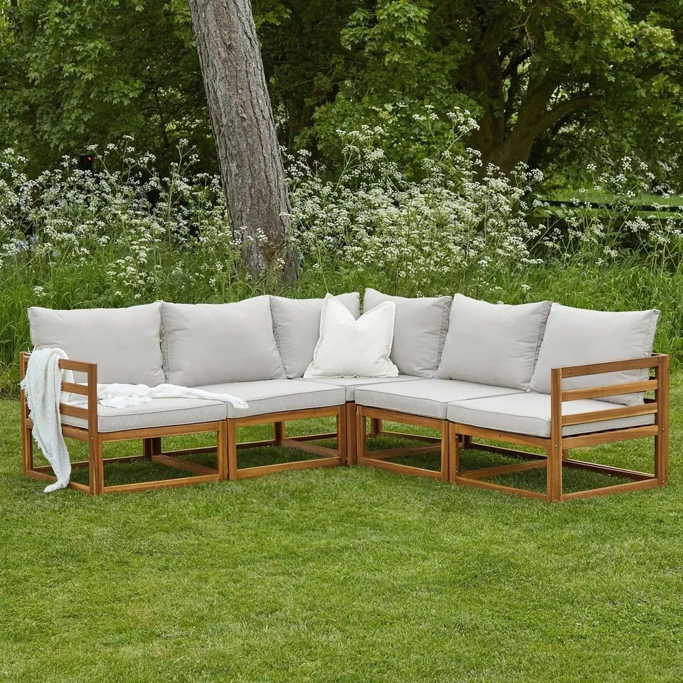 BOXED ROWAN 5 SEATER WOODEN GARDEN CORNER SOFA - SAND