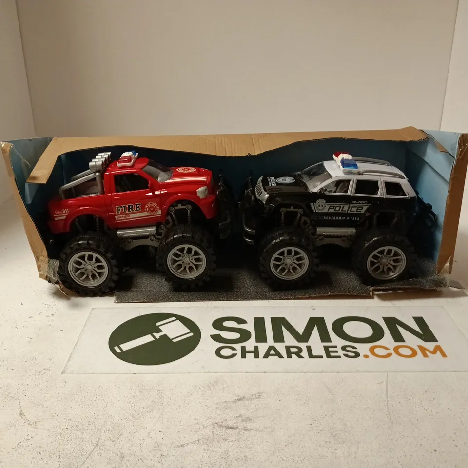 Two Monster Trucks Toy Vehicles – Fire Department & Police (DISPLAY BOX) (VERIFY MODEL)