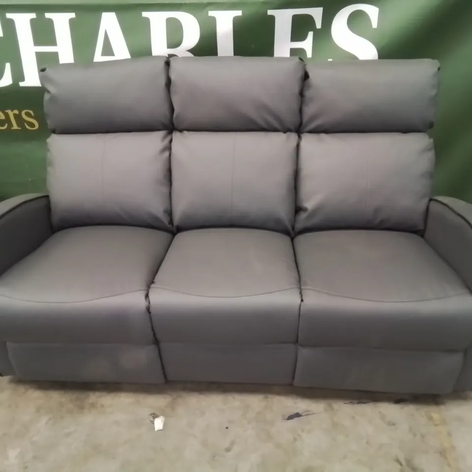 DESIGNER THREE SEATER MANUAL RECLINING SOFA GREY FAUX LEATHER WITH BLACK PIPING