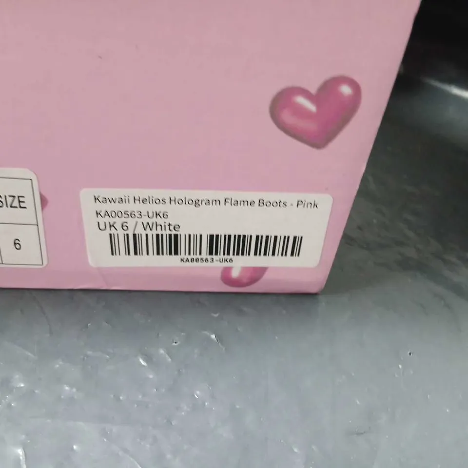KOI KAWAII HELIOS HOLOGRAM FLAME BOOTS - PINK & WHITE, UK 6