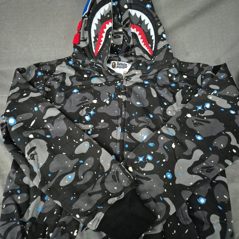 A BATHING APE SHARK HOODIE JACKET – BLACK CAMOUFLAGE, SIZE M