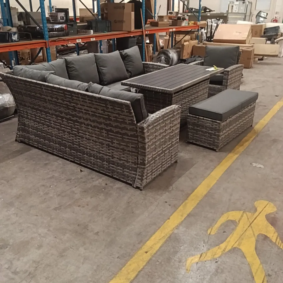 ROSEN 9 SEATER ALUMINIUM DINING TABLE TOP WITH STORAGE BENCH AND ARMCHAIR - GREY ( TABLE LEANS ) 