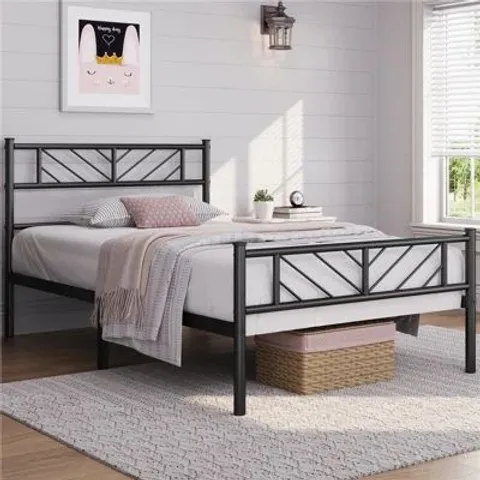 BOXED MINIMALIST METAL SLATTED BED PLATFORM WITH ARROW DESIGN HEADBOARD