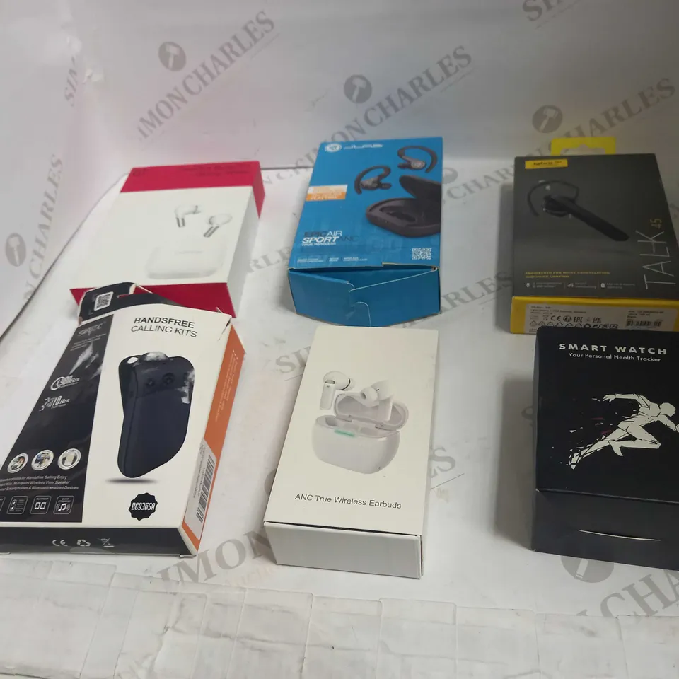 LOT OF ELECTRONIC GOODS TO INLUDE HANDSFREE CALLING KITS, ANC TRUE WIRELESS EARBUDS, AND JABRA TALK 45 ETC.
