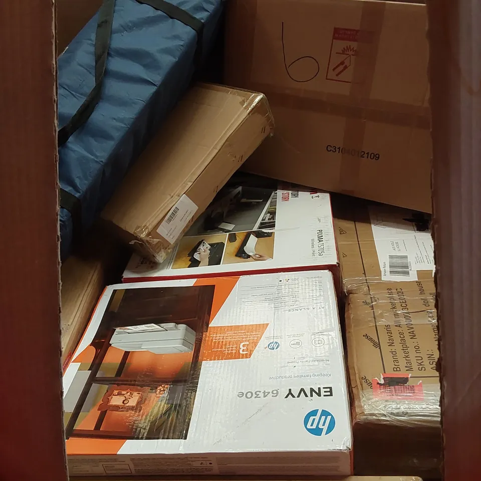 PALLET OF ASSORTED HOUSEHOLD GOODS AND PRODUCTS TO INCLUDE; PRINTERS, AIR PURIFIER, AIR FRYER, TABLE GRILL, HOT PLATE, BOXED FURNITURE ETC 