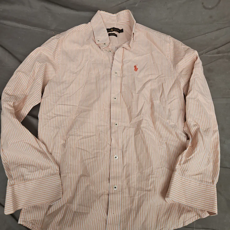 RALPH LAUREN CUSTOM FIT STRIPED LONG SLEEVE SHIRT IN RED/WHITE - LARGE