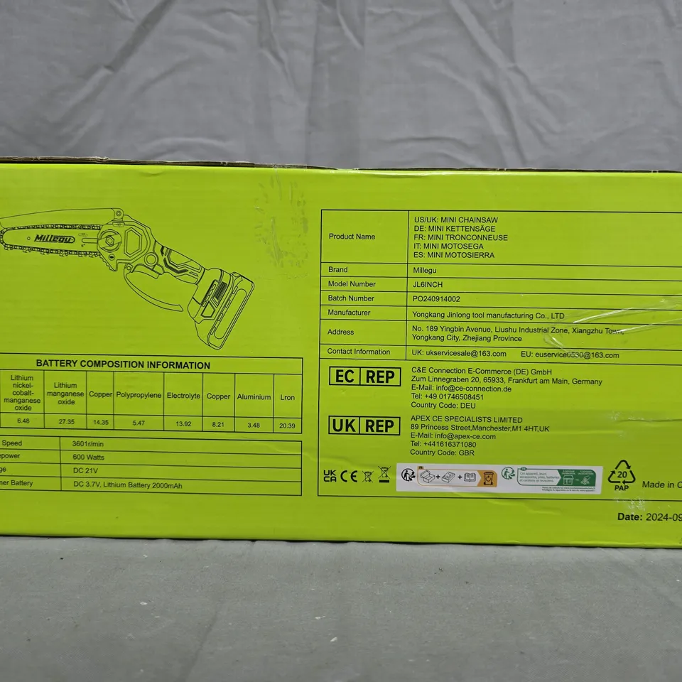 MILLEGU MINI CHAINSAW – 6 INCH, 21V CORDLESS, BOXED WITH MANUAL