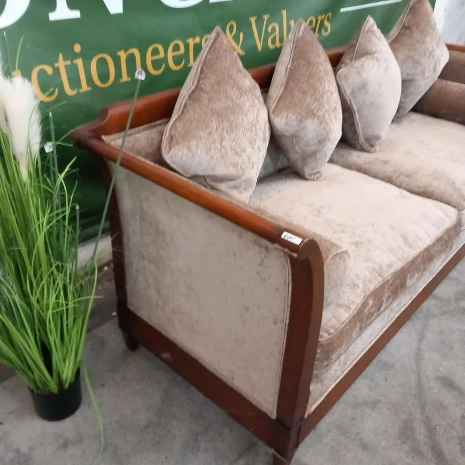 DESIGNER MAHOGANY FRAMED SOFA IN LAID WITH LIGHT BROWN FABRIC