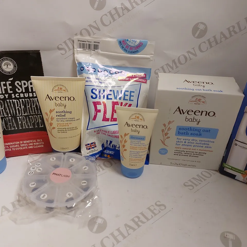 BOX OF APPROX 15 COSMETIC ITEMS TO INCLUDE AVEENO BABY EMOLLIENT CREAM, OPTISMILE TOOTH POLISHER AND PHATLASH EYELASHES