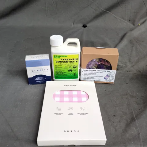 APPROXIMATELY 15 ASSORTED HOUSEHOLD ITEMS TO INCLUDE KINDLE CASE, DRIED FLOWER NECKLACE KIT AND PYRETHRIN CONCENTRATE
