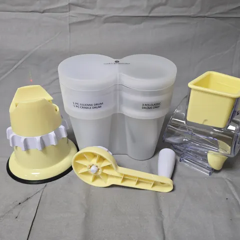 COOK'S ESSENTIALS VEGETABLE SLICER WITH 3 DRUM ATTACHMENTS – YELLOW & WHITE