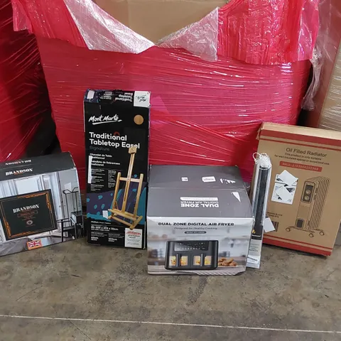 PALLET OF ASSORTED ITEMS INCLUDING: OIL FILLED RADIATOR, AIR FRYER, PEDESTAL FAN, TABLETOP EASEL, ROLLER BLINDS ECT