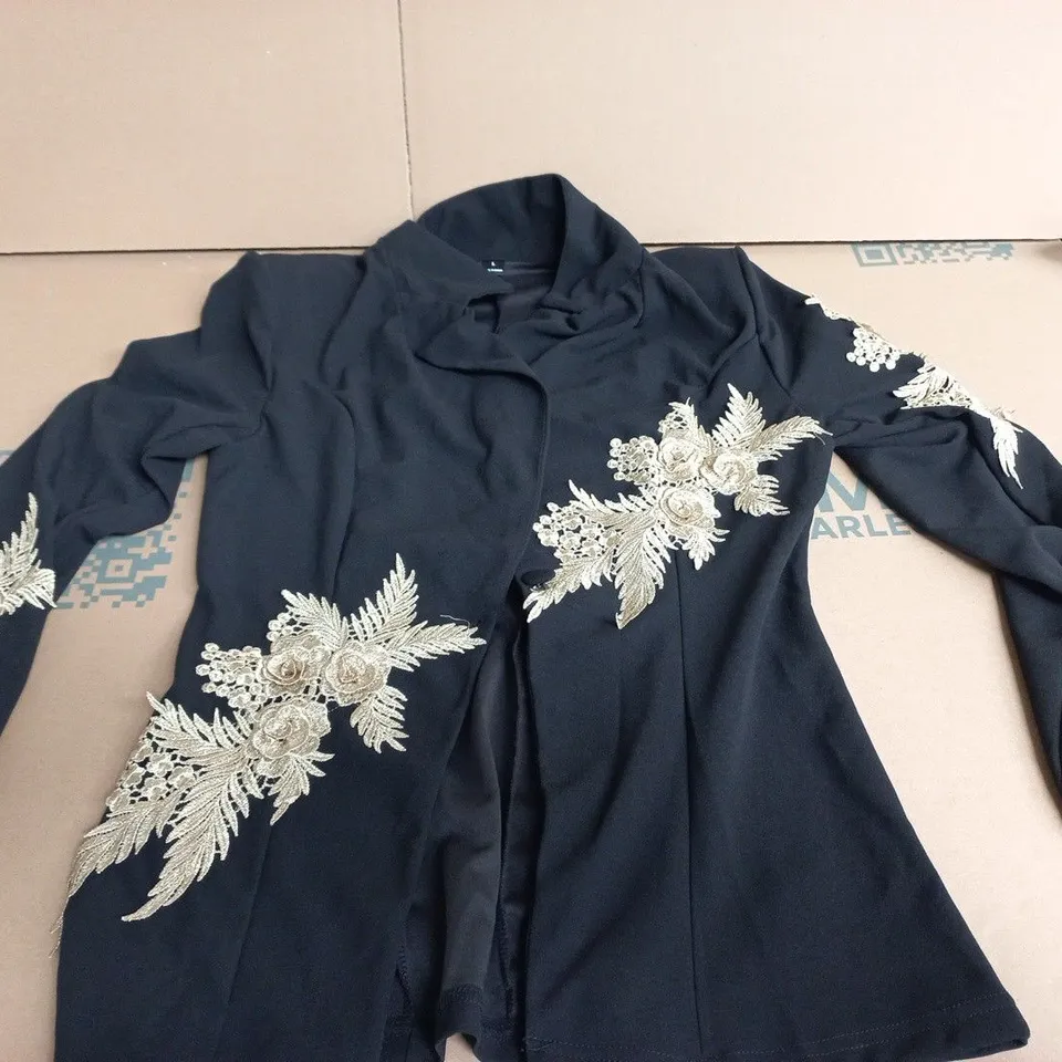 BLACK BLAZER WITH GOLD FLORAL EMBROIDERY AND MATCHING BLACK TROUSERS – UK L