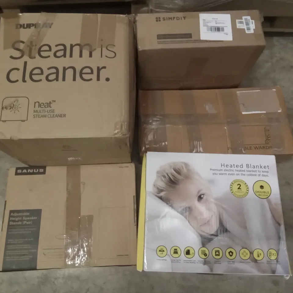 PALLET OF ASSORTED ITEMS INCLUDING DUPRAY STEAM CLEANER, SANUS ADJUSTABLE HEIGHT SPEAKER STANDS, HEATED THROW, PORTABLE WARDROBE, SIMPDIY SHOE BOXES, SPACE HEATER