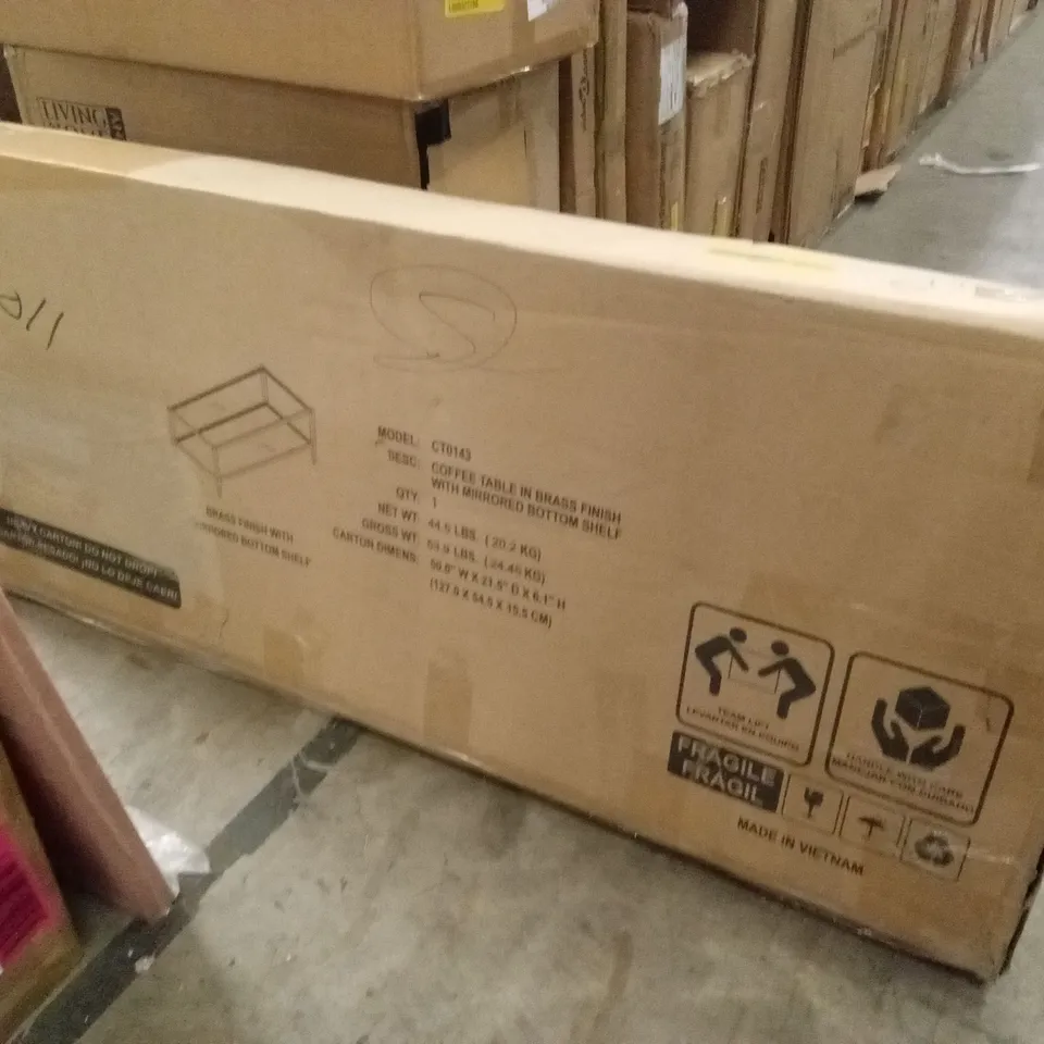 BOXED COFFEE TABLE IN BRASS FINISH WITH MIRRORED BOTTOM SHELF - CT0143 (1 BOX)