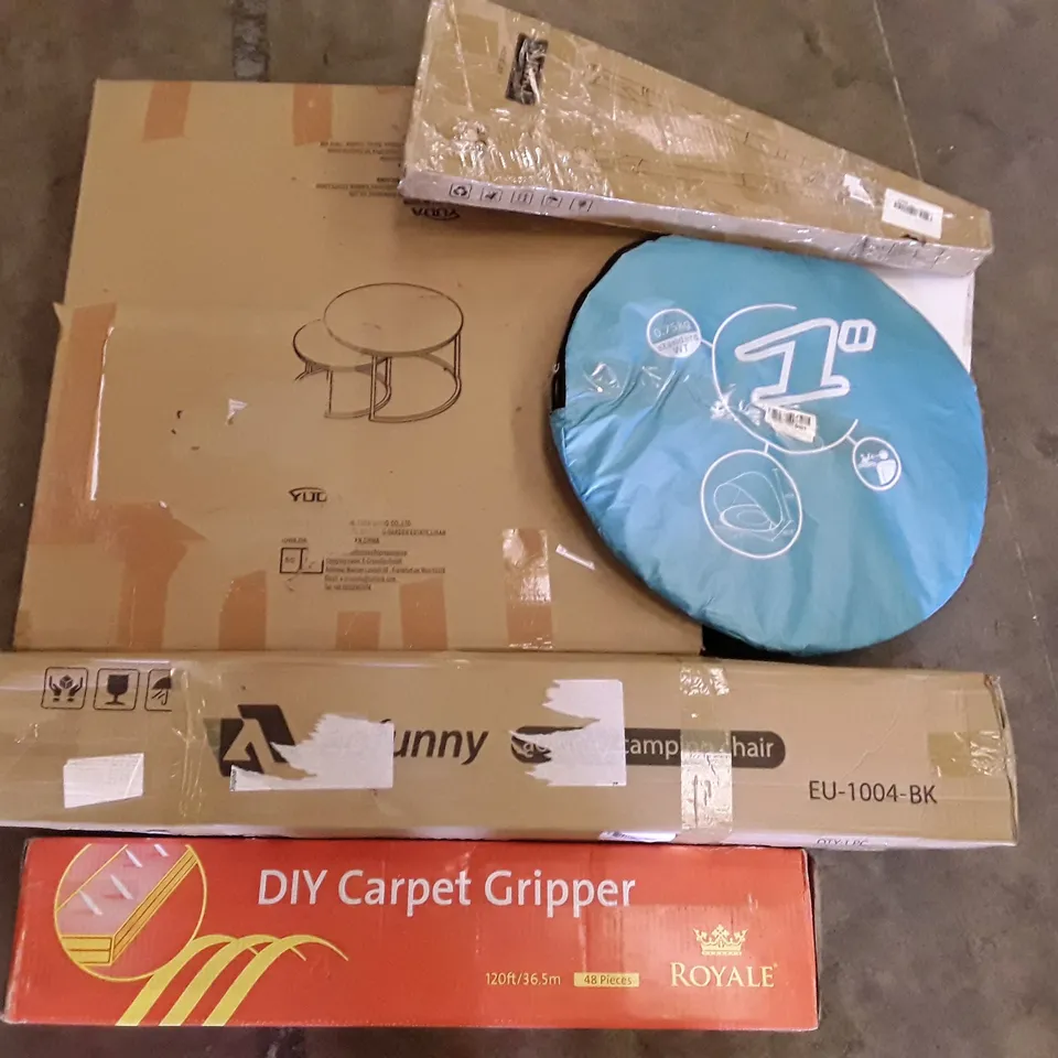 PALLET OF ASSORTED PRODUCTS INCLUDING DIY CARPET GRIPPER, CAMPING CHAIR, POP UP TENT, ROUND SIDE TABLE, GARDEN SHEARS 