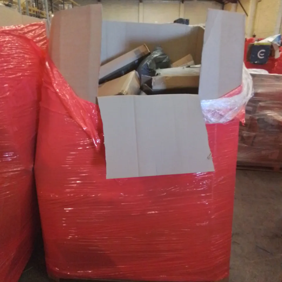 PALLET CONTAINING ASSORTED HOUSEHOLD & HOME IMPROVEMENT PRODUCTS. INCLUDES AIR FRYER, PATIO UMBRELLA, ELECTRIC CAR CHARGING CABLE SET, FURNITURE ETC 