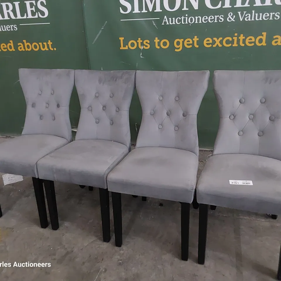 SET OF FOUR UPHOLSTERED BUTTONED RING BACK DINING CHAIRS GREY PLUSH FABRIC ON BLACK PAINTED LEGS 