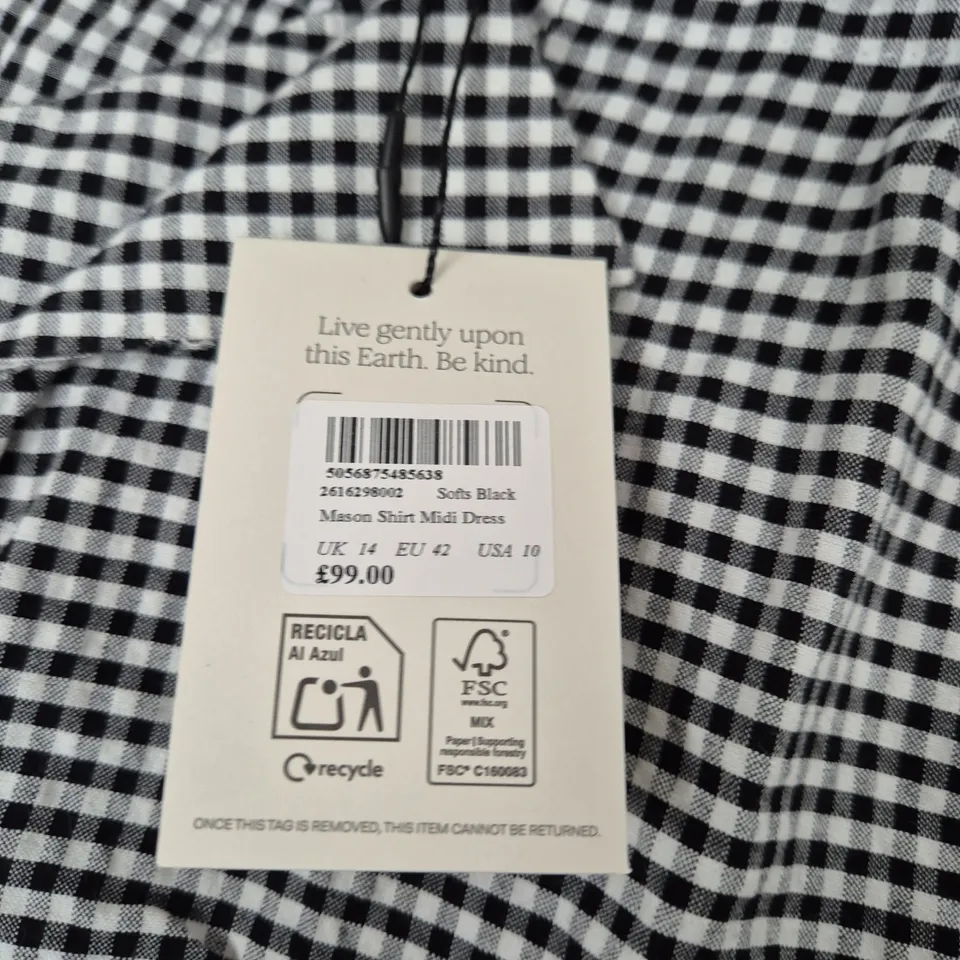 NOBODY'S CHILD MASON SHIRT MIDI DRESS – UK 14 – SOFT BLACK GINGHAM
