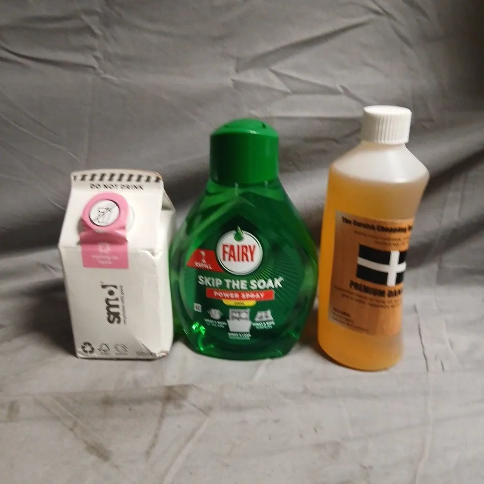 APPROXIMATEY 10 HOUSEHOLD LIQUIDS TO INCLUDE SMOL WASHING UP LIQUID REFILL, FAIRY SKIP THE SOAK POWER SPRAY AND PREMIUM DANISH OIL