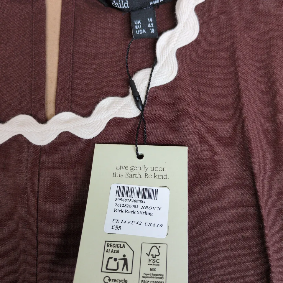 NOBODY'S CHILD BROWN SLEEVELESS TOP WITH WHITE RICK RACK TRIM – UK 14 (EU 42, US 10)