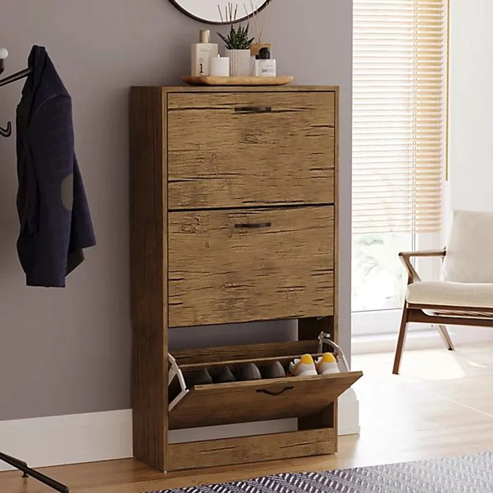 BOXED VIDA DESIGN 3 DRAWER SHOE CABINET - ANTIQUE BROWN