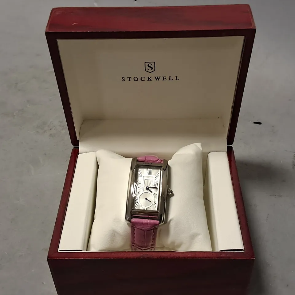 STOCK WELL RECTANGULAR STAINLESS STEEL LADIES WATCH WITH PINK LEATHER STRAP IN GIFT BOX