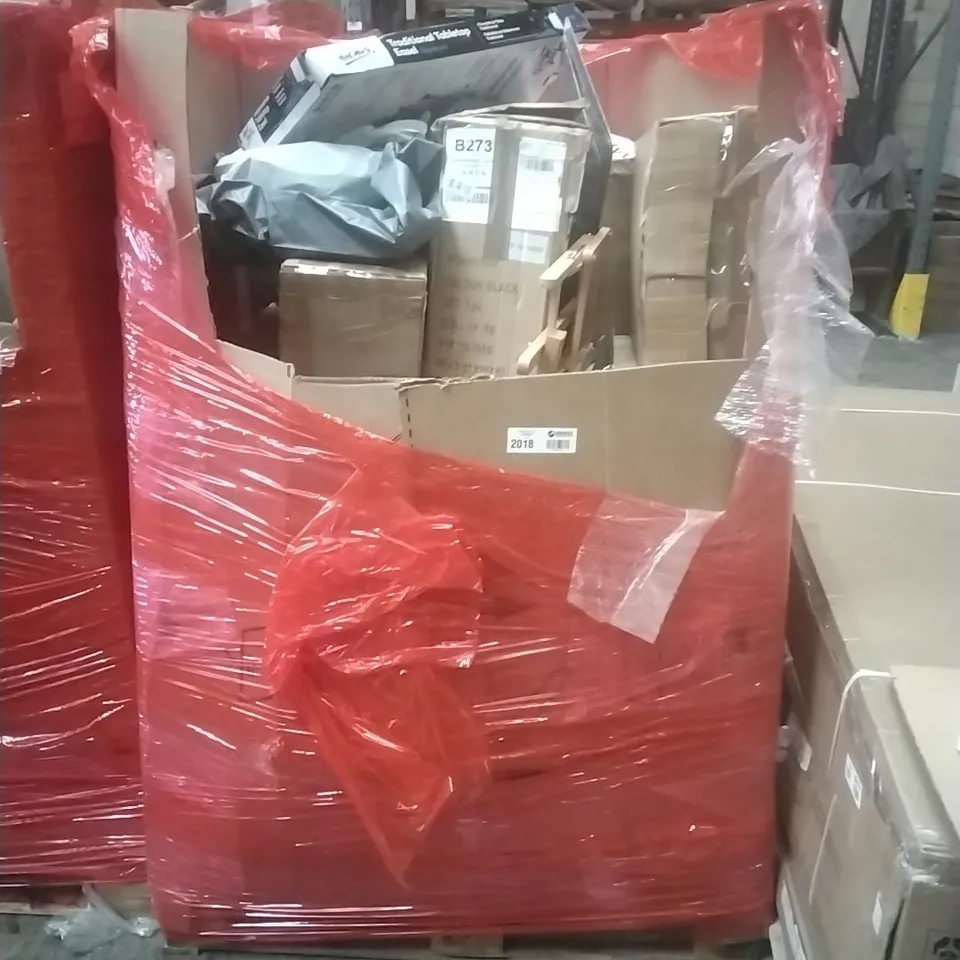 PALLET OF ASSORTED HOUSEHOLD GOODS AND PRODUCTS TO INCLUDE; WHEEL CHAIR, PRAM, DOG BED, BOXED FURNITURE ETC