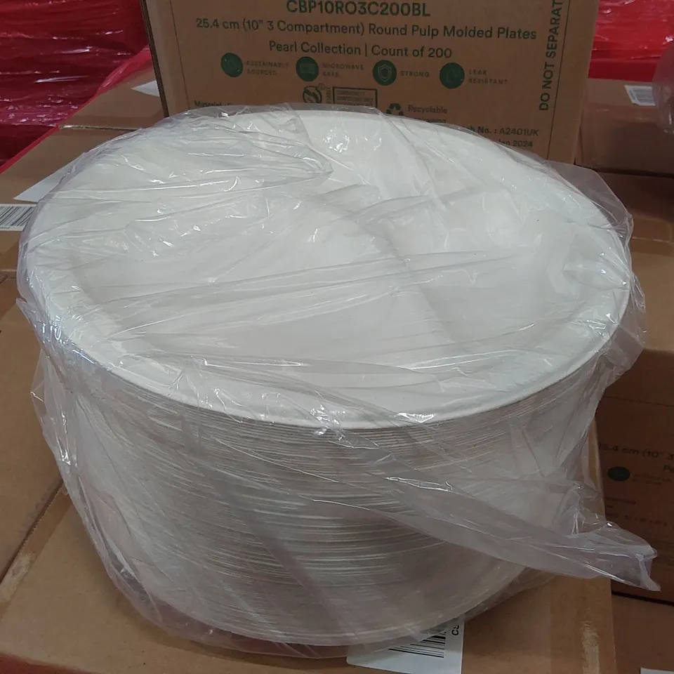 PALLET OF APPROXIMATELY 48 BOXES OF 200x 25.4CM (10" 3 COMPARTMENT) ROUND PULP MOLDED PLATES 